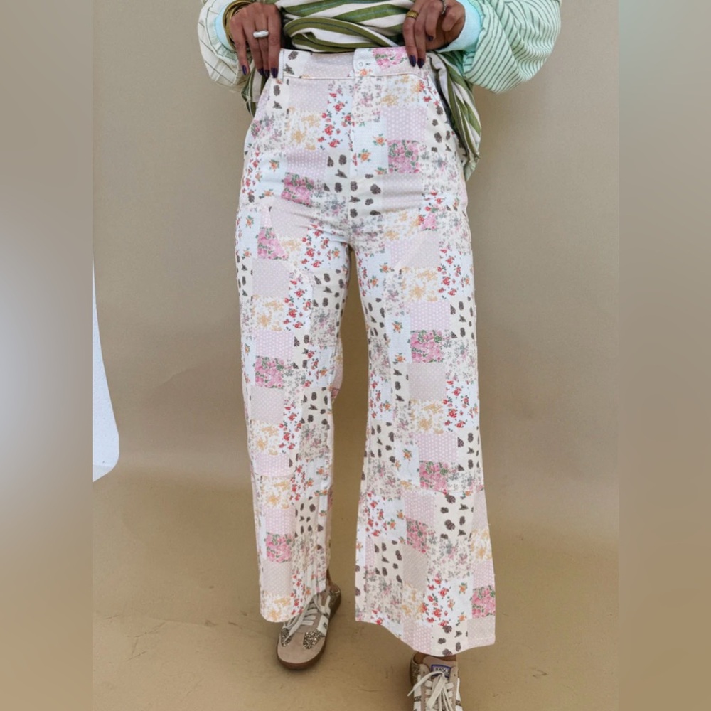 High-Rise Wide-Leg Patchwork Floral Pants in Blush